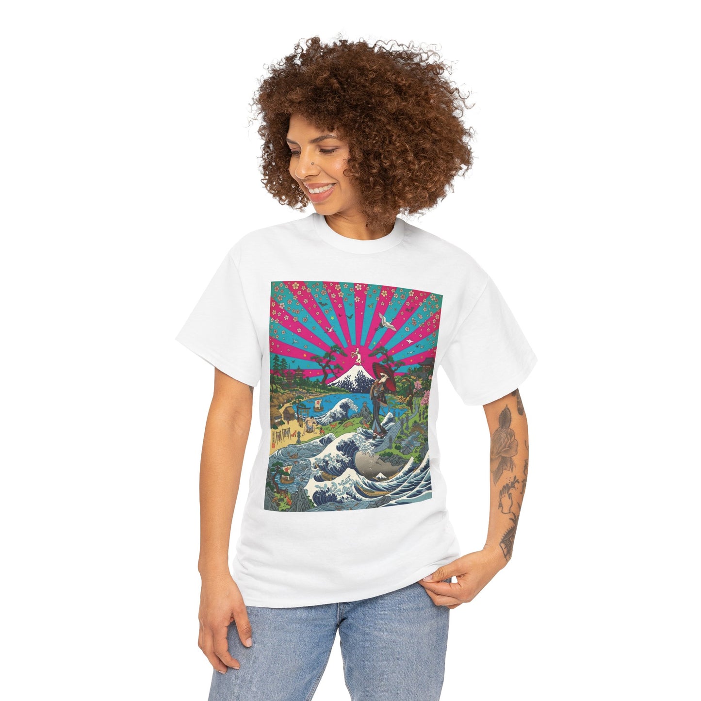 NekoPunch Original | Retro Japanese Wave & Beach T-Shirt - Girl | Unisex Heavy Cotton Tee