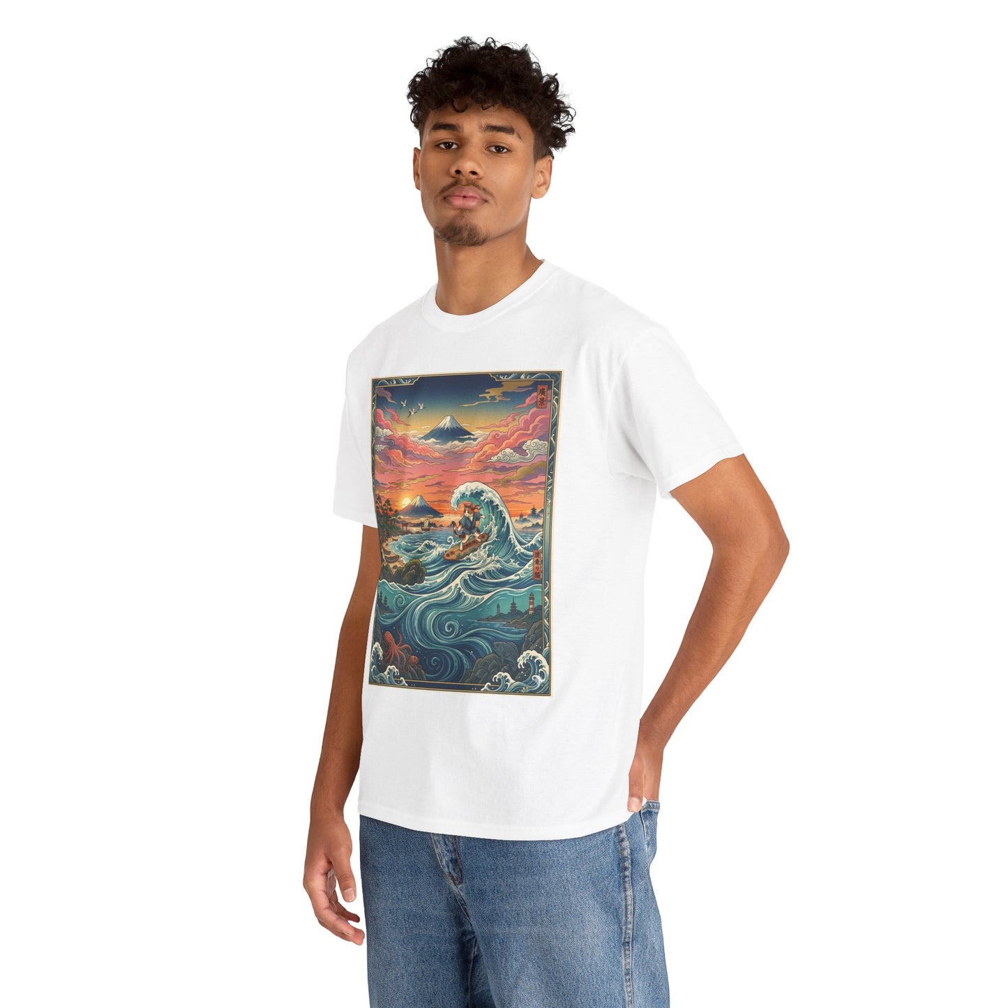 NekoPunch Original | Sunset & wave Mt. Fuji Surf T-Shirt - Girl | Unisex Heavy Cotton Tee