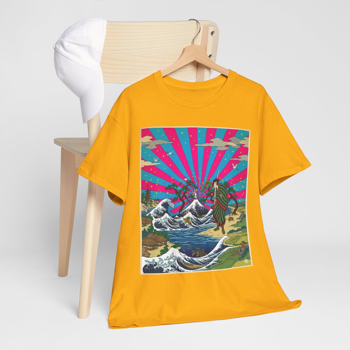 NekoPunch Original | Retro Japanese Wave & Beach T-Shirt - Samurai | Unisex Heavy Cotton Tee