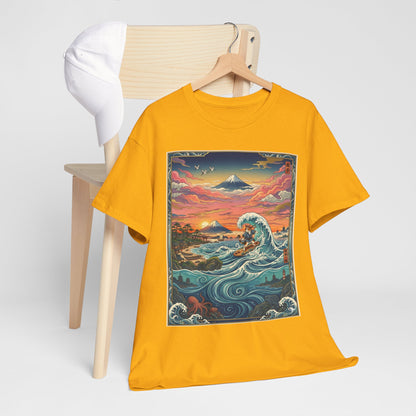 NekoPunch Original | Sunset & wave Mt. Fuji Surf T-Shirt - Girl | Unisex Heavy Cotton Tee