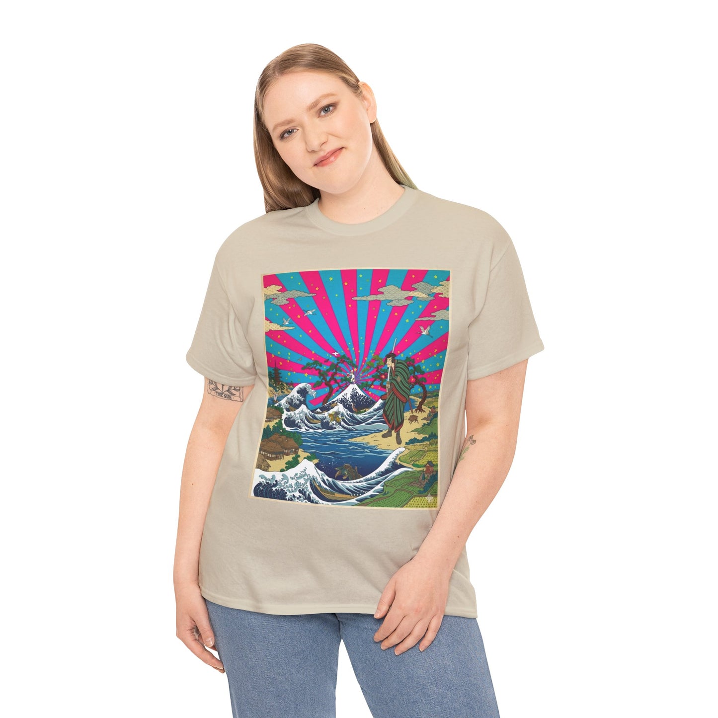 NekoPunch Original | Retro Japanese Wave & Beach T-Shirt - Samurai | Unisex Heavy Cotton Tee