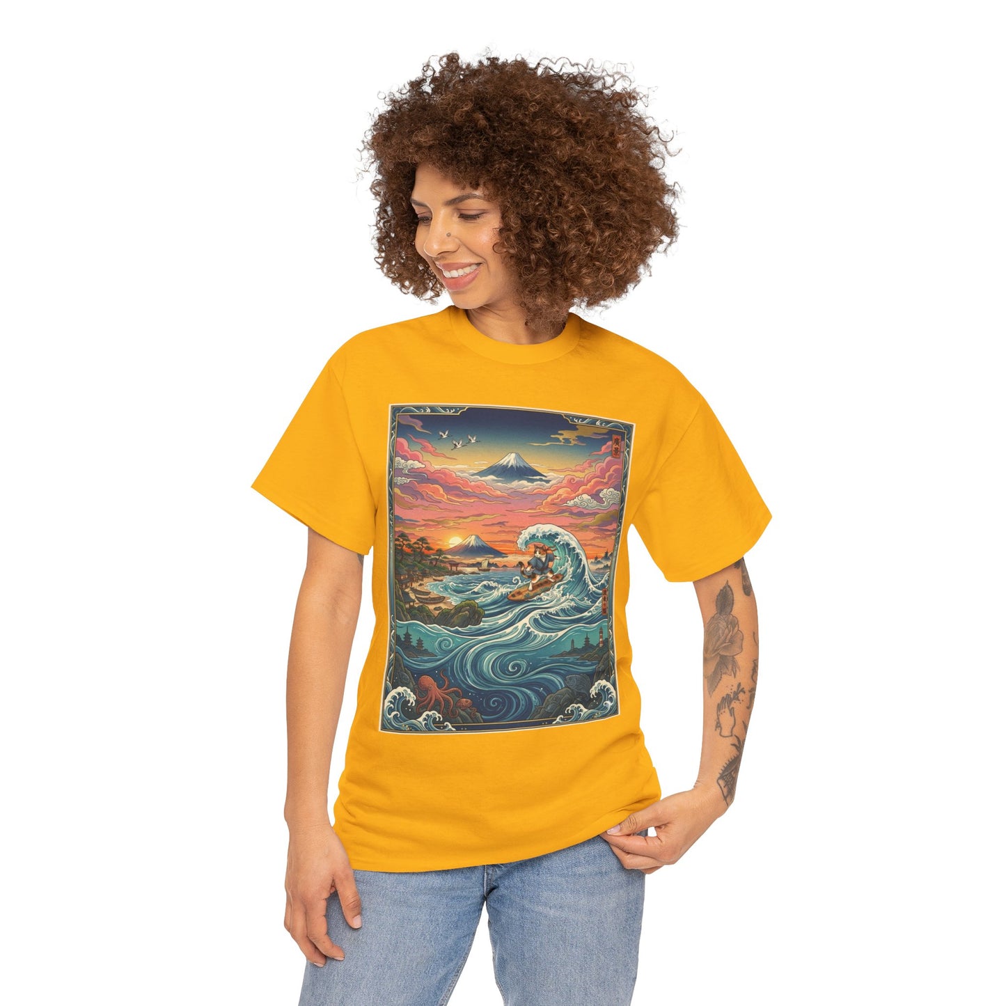 NekoPunch Original | Sunset & wave Mt. Fuji Surf T-Shirt - Girl | Unisex Heavy Cotton Tee