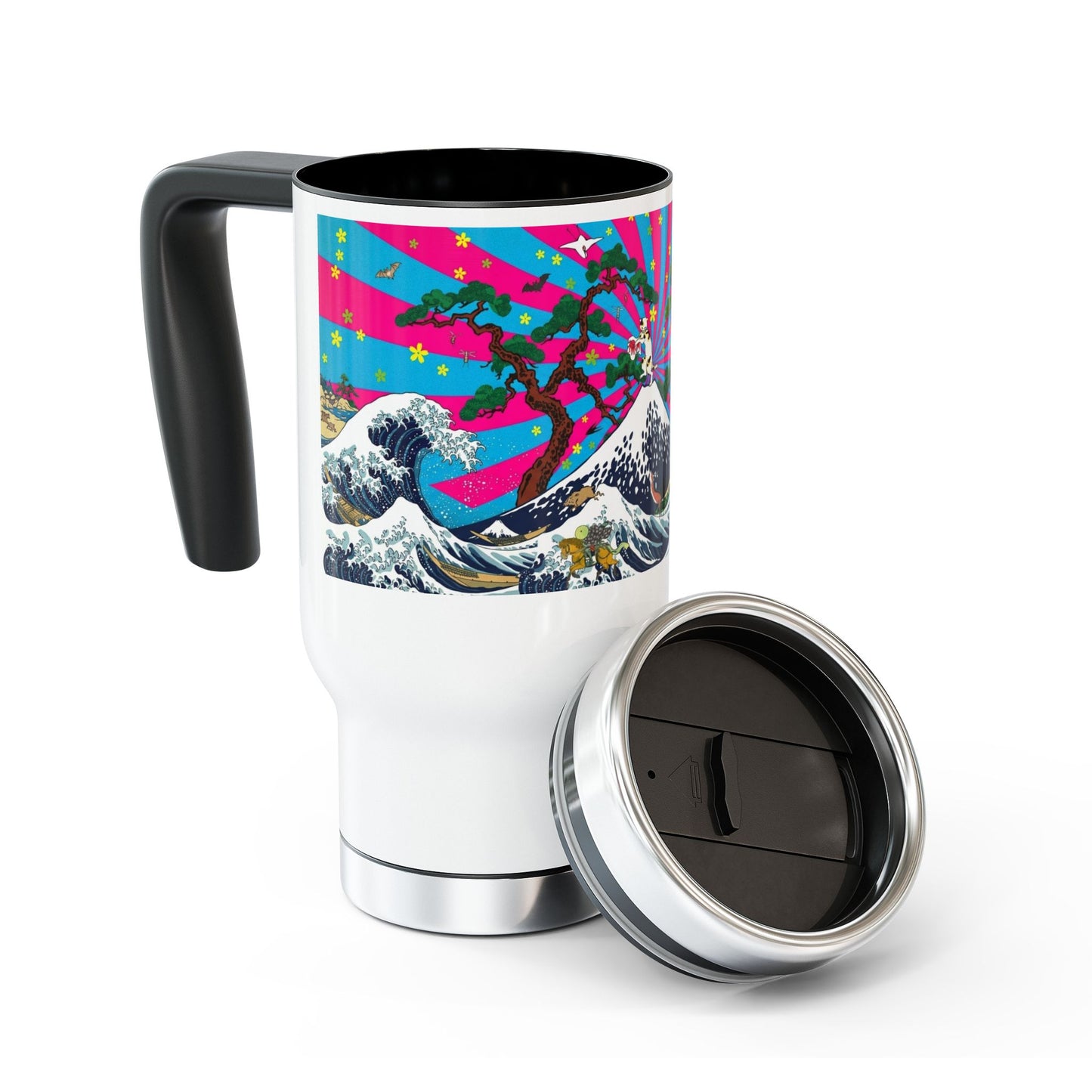 NekoPunch Original | 14oz Retro Japanese Wave & Beach Stainless Steel Travel Mug - Samurai