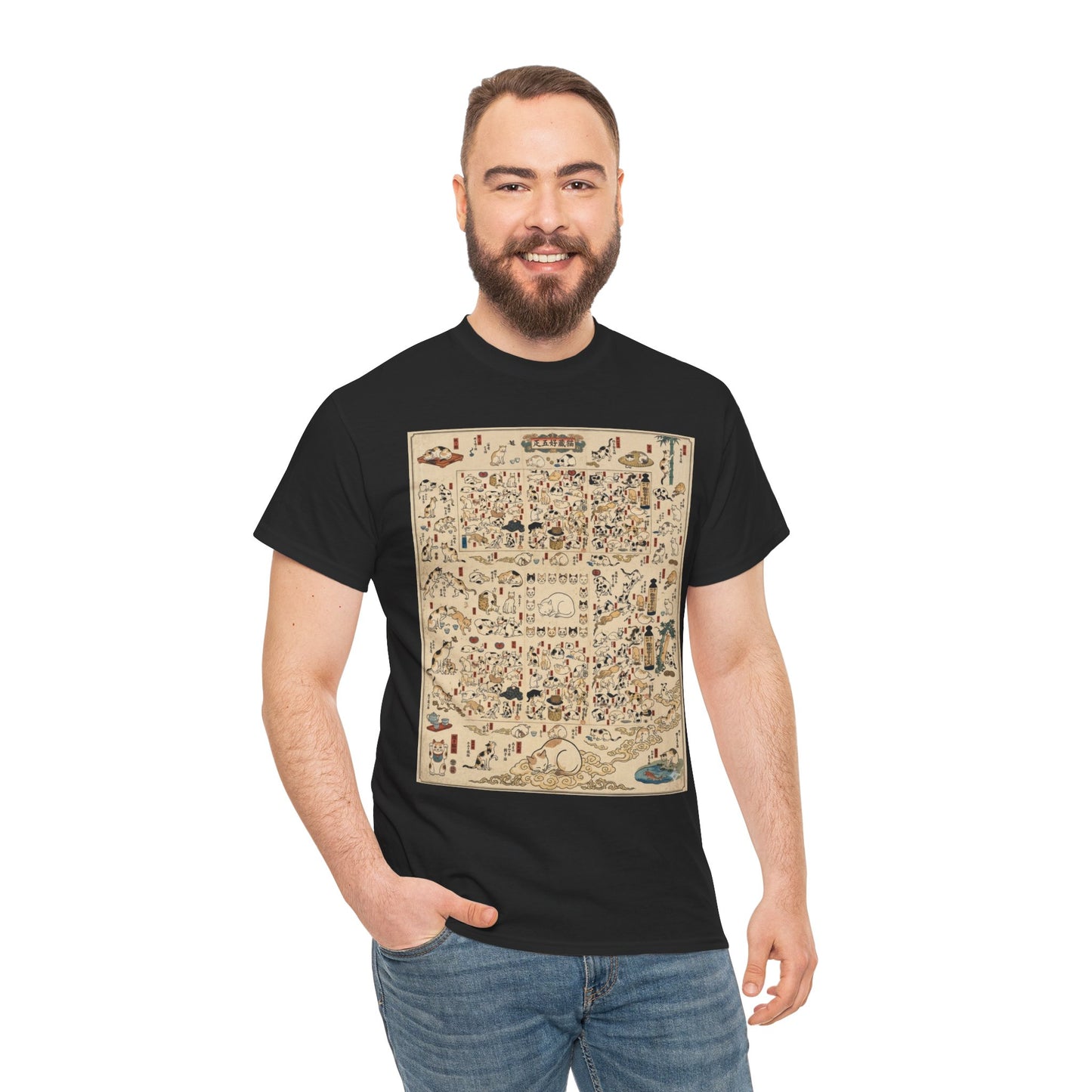 NekoPunch Original | Retro Japanese Cat Pattern T-Shirt | Unisex Heavy Cotton Tee