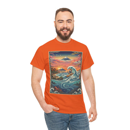 NekoPunch Original | Sunset & wave Mt. Fuji Surf T-Shirt - Girl | Unisex Heavy Cotton Tee