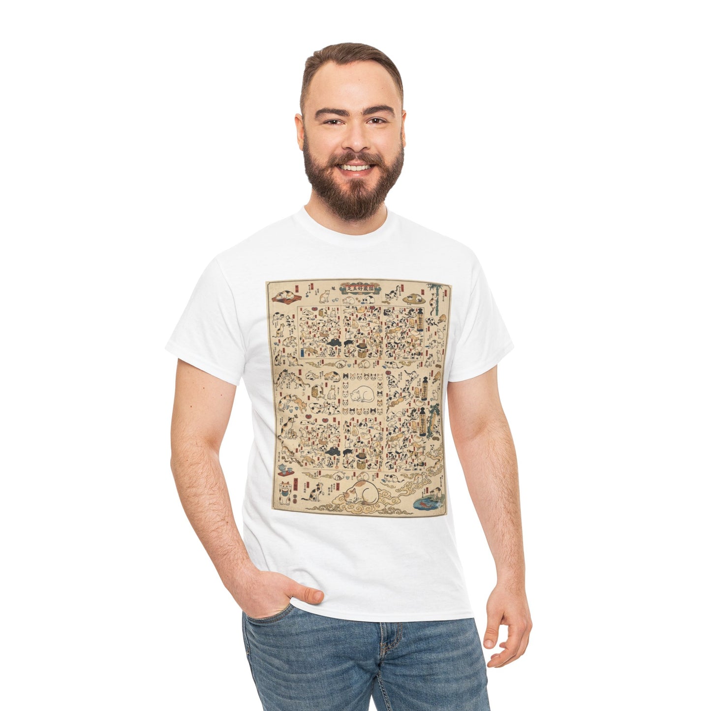 NekoPunch Original | Retro Japanese Cat Pattern T-Shirt | Unisex Heavy Cotton Tee