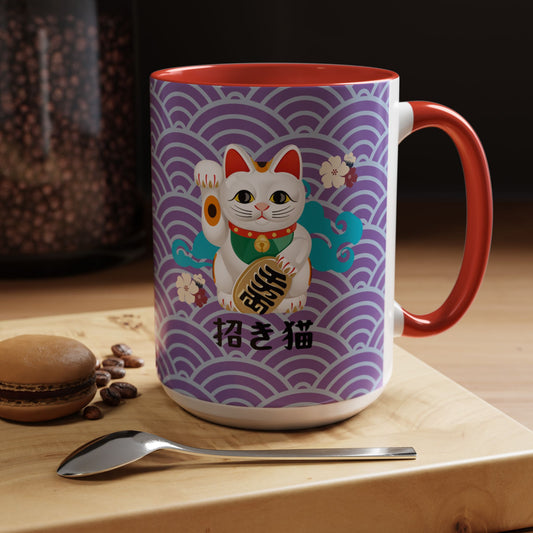 Lucky Cat - Accent Coffee Mug (15oz) - Manekineko - Japanese Calligraphy