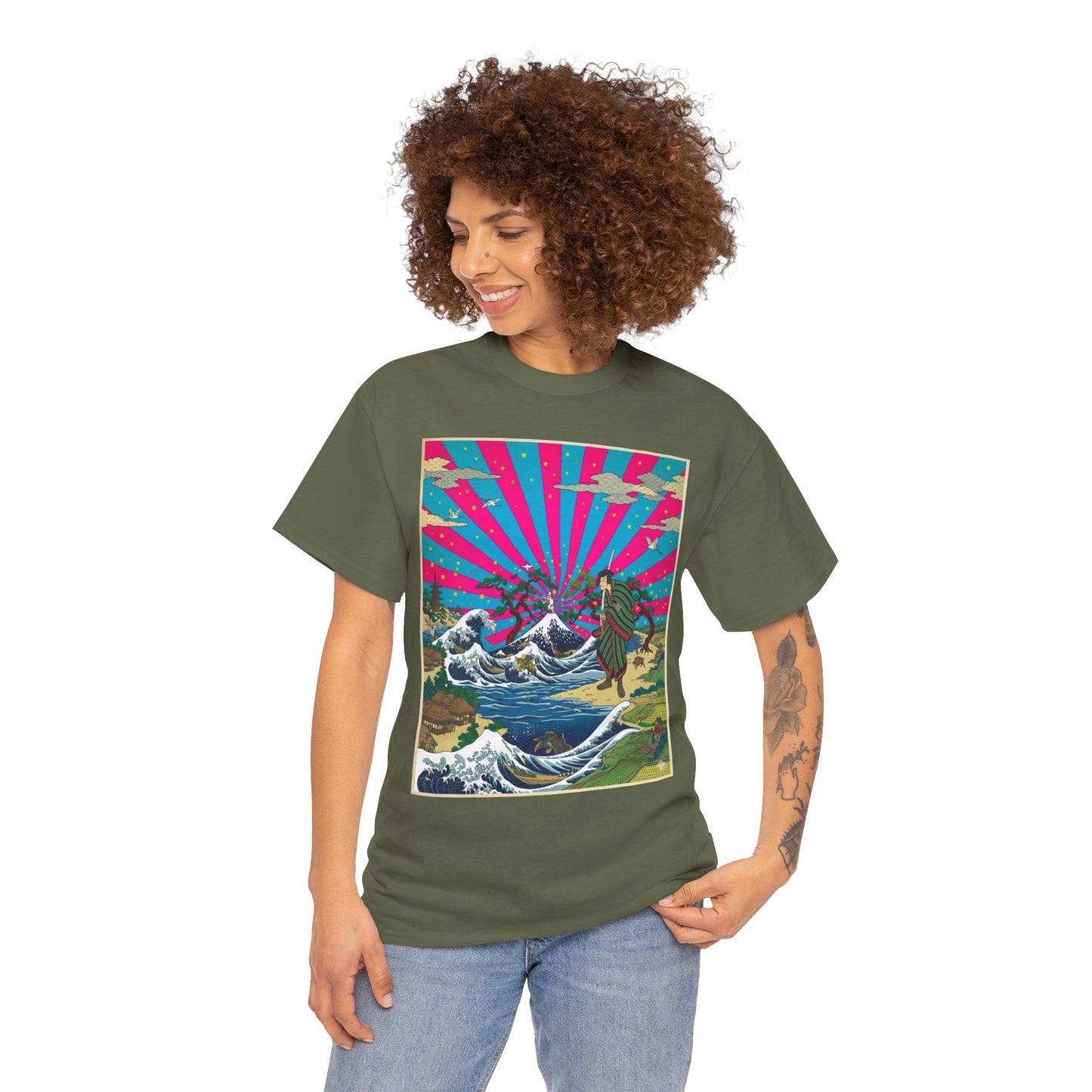 NekoPunch Original | Retro Japanese Wave & Beach T-Shirt - Samurai | Unisex Heavy Cotton Tee