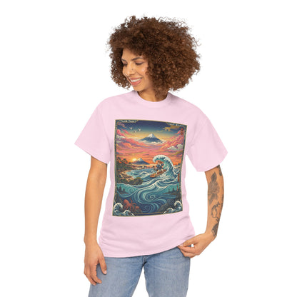 NekoPunch Original | Sunset & wave Mt. Fuji Surf T-Shirt - Girl | Unisex Heavy Cotton Tee