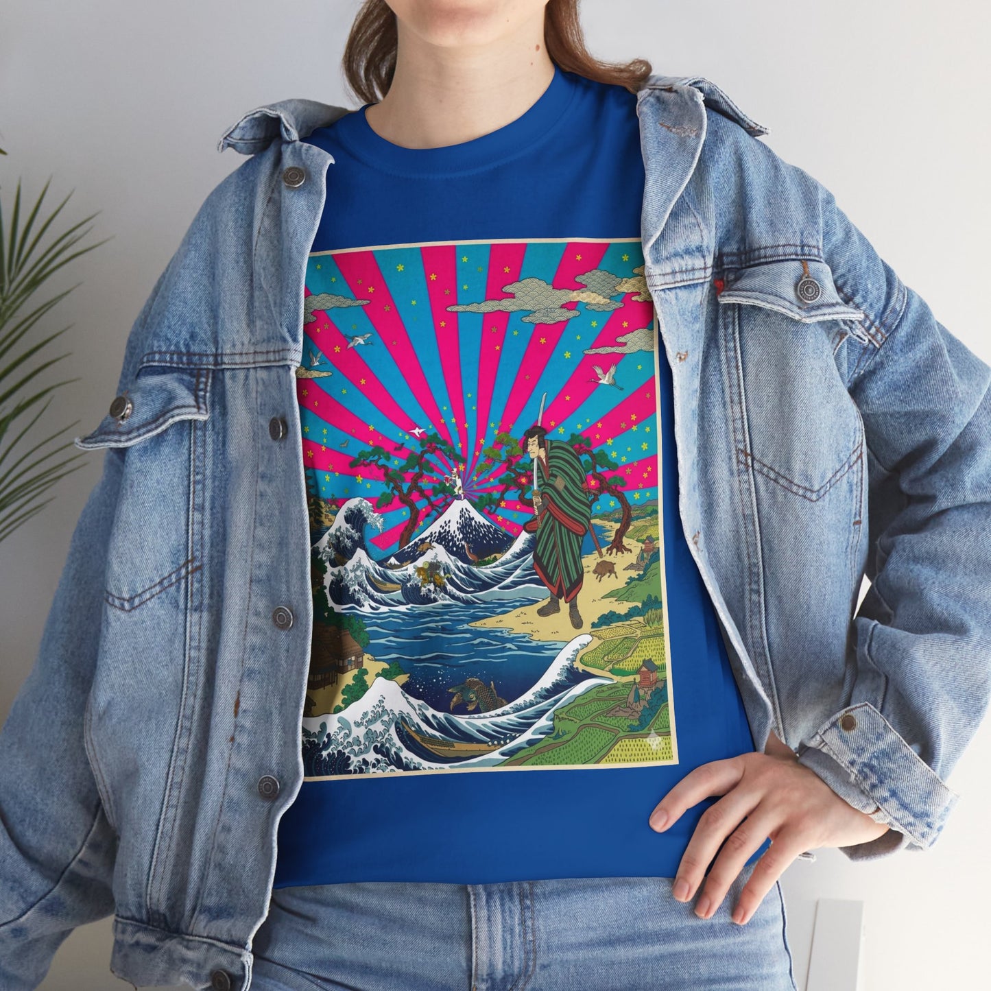 NekoPunch Original | Retro Japanese Wave & Beach T-Shirt - Samurai | Unisex Heavy Cotton Tee