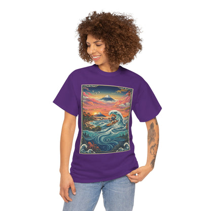 NekoPunch Original | Sunset & wave Mt. Fuji Surf T-Shirt - Girl | Unisex Heavy Cotton Tee