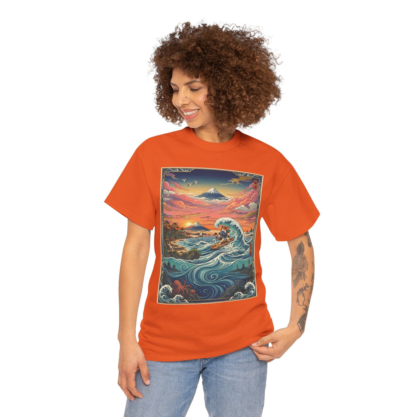 NekoPunch Original | Sunset & wave Mt. Fuji Surf T-Shirt - Girl | Unisex Heavy Cotton Tee