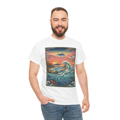 NekoPunch Original | Sunset & wave Mt. Fuji Surf T-Shirt - Girl | Unisex Heavy Cotton Tee