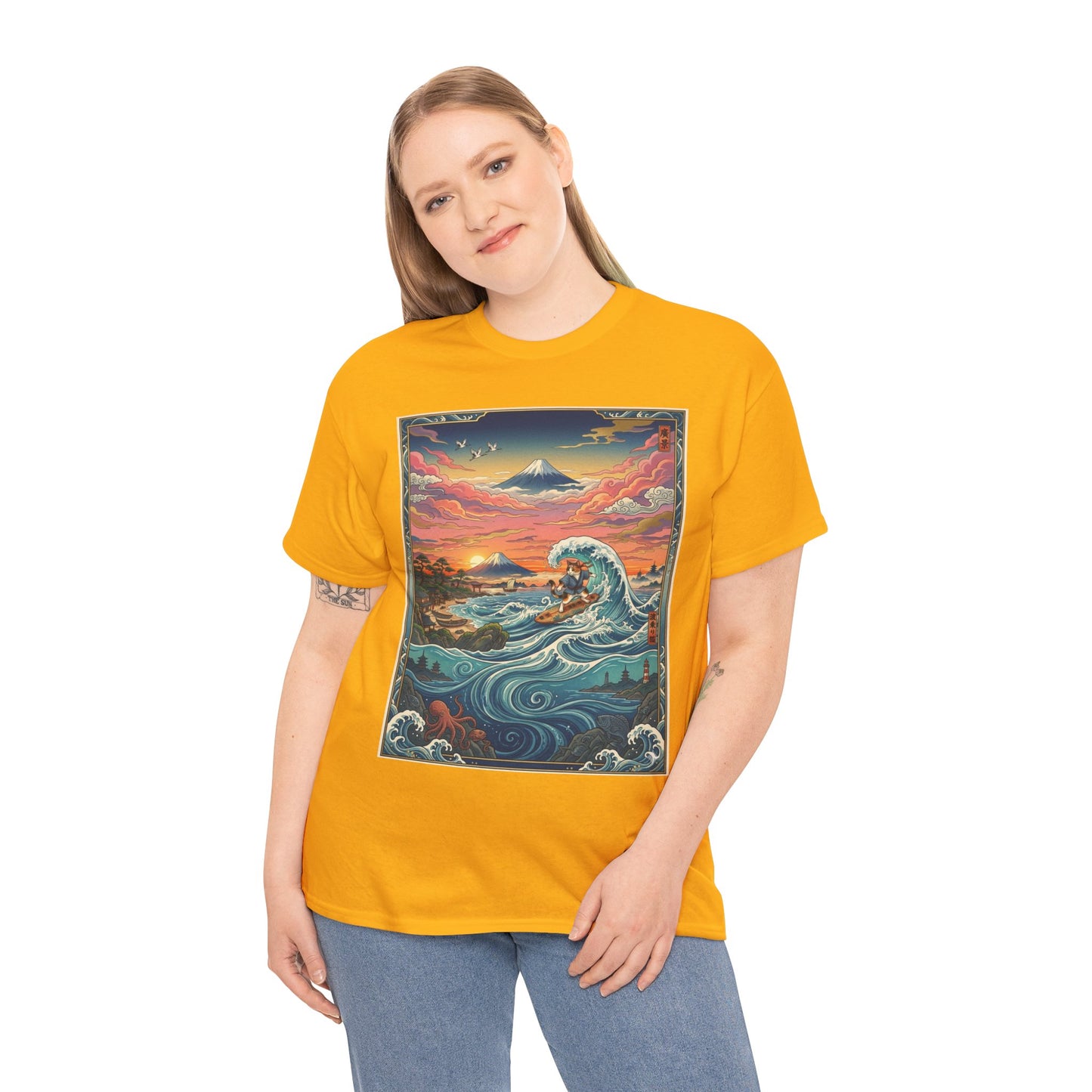 NekoPunch Original | Sunset & wave Mt. Fuji Surf T-Shirt - Girl | Unisex Heavy Cotton Tee