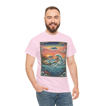 NekoPunch Original | Sunset & wave Mt. Fuji Surf T-Shirt - Girl | Unisex Heavy Cotton Tee