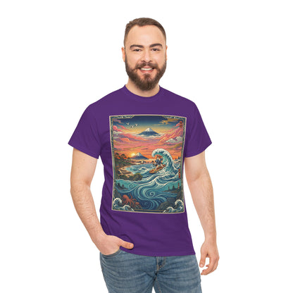 NekoPunch Original | Sunset & wave Mt. Fuji Surf T-Shirt - Girl | Unisex Heavy Cotton Tee