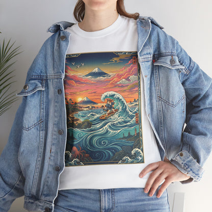 NekoPunch Original | Sunset & wave Mt. Fuji Surf T-Shirt - Girl | Unisex Heavy Cotton Tee
