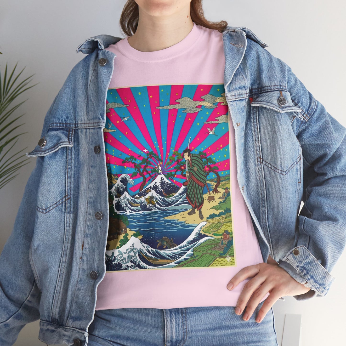 NekoPunch Original | Retro Japanese Wave & Beach T-Shirt - Samurai | Unisex Heavy Cotton Tee