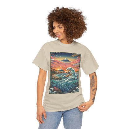 NekoPunch Original | Sunset & wave Mt. Fuji Surf T-Shirt - Girl | Unisex Heavy Cotton Tee