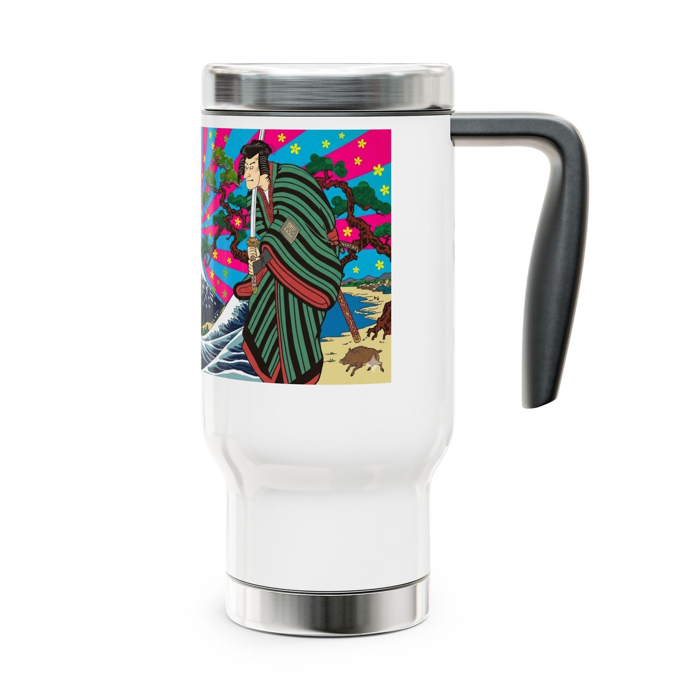 NekoPunch Original | 14oz Retro Japanese Wave & Beach Stainless Steel Travel Mug - Samurai