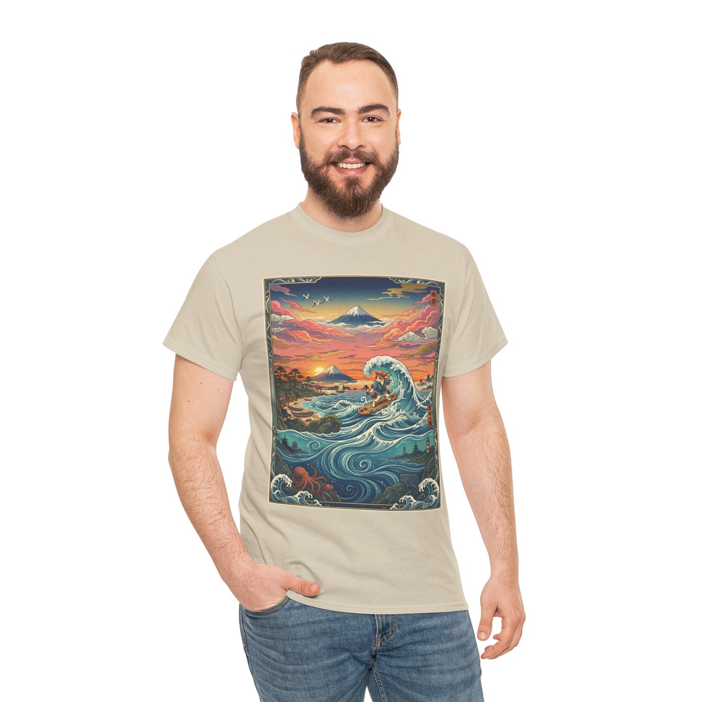 NekoPunch Original | Sunset & wave Mt. Fuji Surf T-Shirt - Girl | Unisex Heavy Cotton Tee