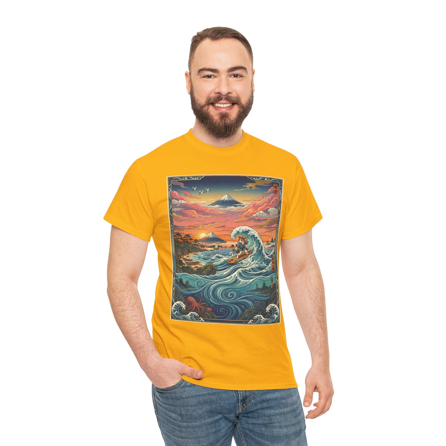 NekoPunch Original | Sunset & wave Mt. Fuji Surf T-Shirt - Girl | Unisex Heavy Cotton Tee