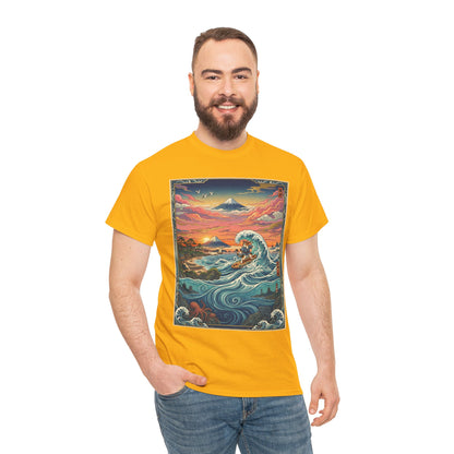 NekoPunch Original | Sunset & wave Mt. Fuji Surf T-Shirt - Girl | Unisex Heavy Cotton Tee