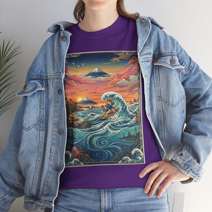 NekoPunch Original | Sunset & wave Mt. Fuji Surf T-Shirt - Girl | Unisex Heavy Cotton Tee