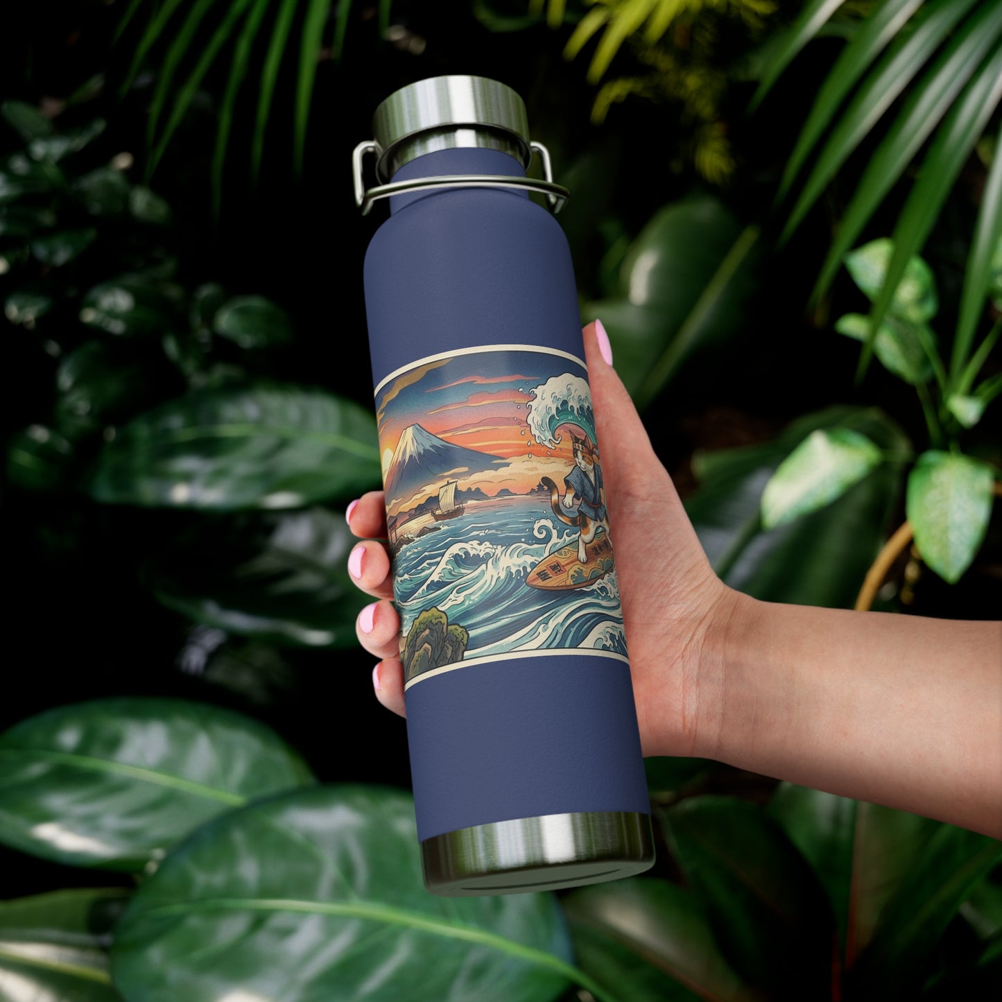 NekoPunch Original | 22oz Sunset & wave Mt. Fuji Surf Insulated Water Bottle
