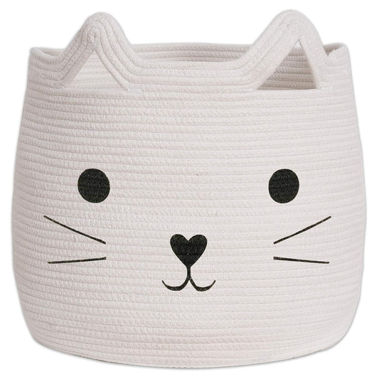 Cat Face Woven Cotton Rope Laundry Basket – 15" x 15" Storage Hamper & Organizer