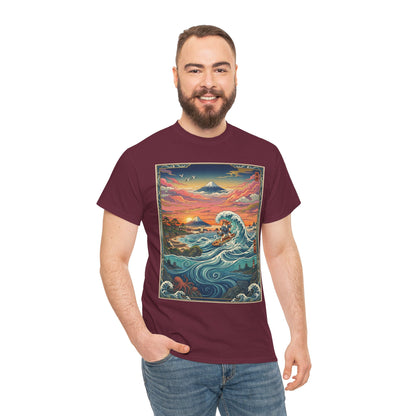 NekoPunch Original | Sunset & wave Mt. Fuji Surf T-Shirt - Girl | Unisex Heavy Cotton Tee