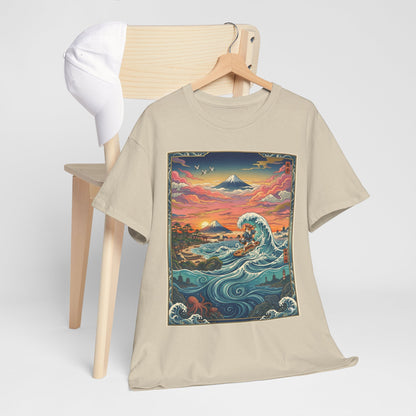 NekoPunch Original | Sunset & wave Mt. Fuji Surf T-Shirt - Girl | Unisex Heavy Cotton Tee