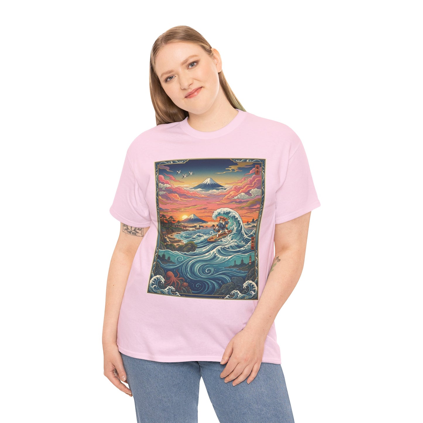 NekoPunch Original | Sunset & wave Mt. Fuji Surf T-Shirt - Girl | Unisex Heavy Cotton Tee