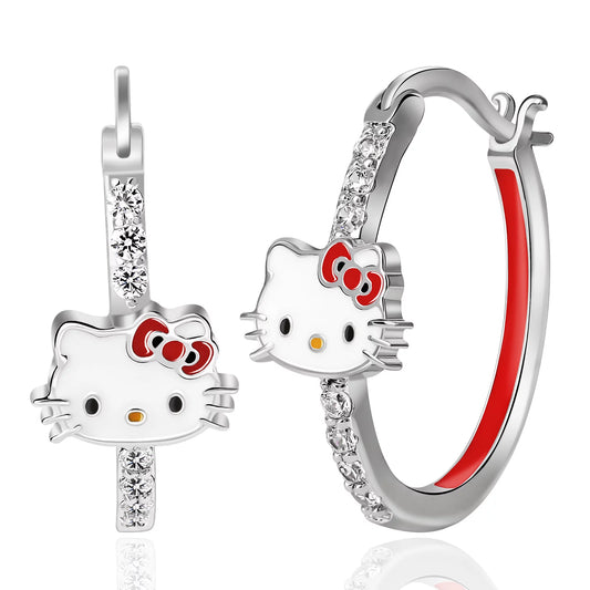 Hello Kitty Enamel Hoop Earrings, Rhodium Plated Brass