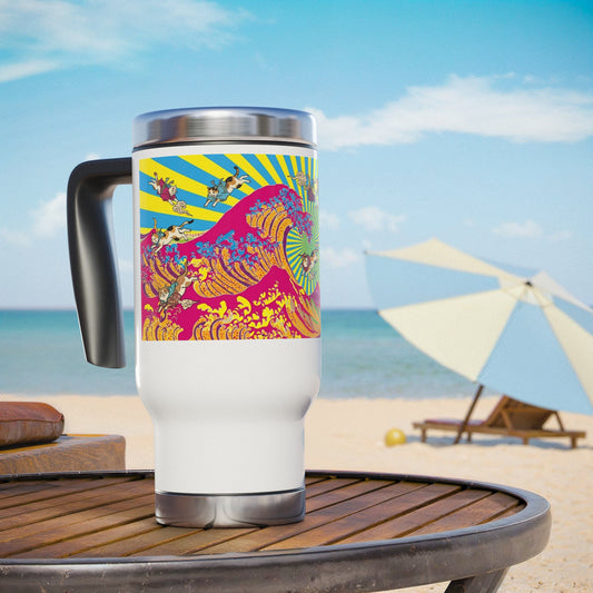 NekoPunch Original | 14oz Psychedelic Ocean Wave Stainless Steel Handle Travel Mug