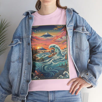 NekoPunch Original | Sunset & wave Mt. Fuji Surf T-Shirt - Girl | Unisex Heavy Cotton Tee