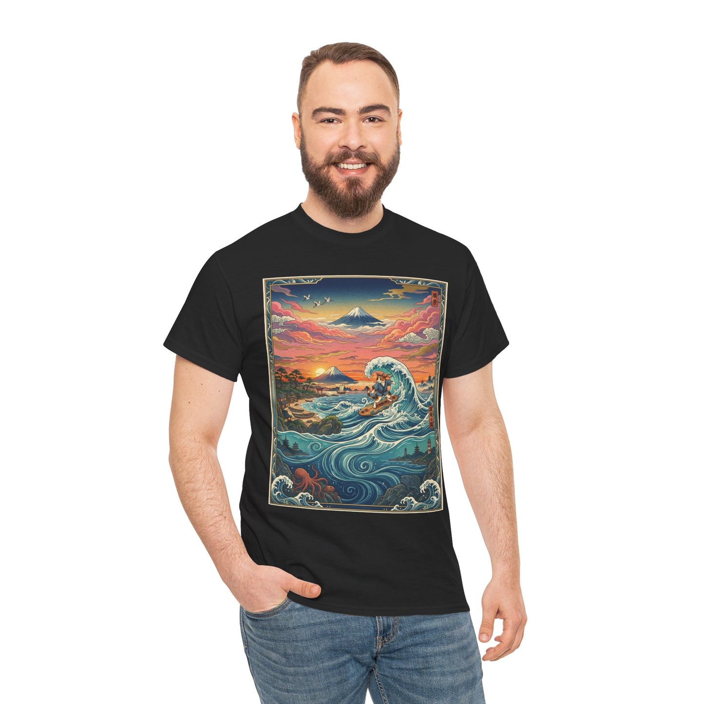 NekoPunch Original | Sunset & wave Mt. Fuji Surf T-Shirt - Girl | Unisex Heavy Cotton Tee