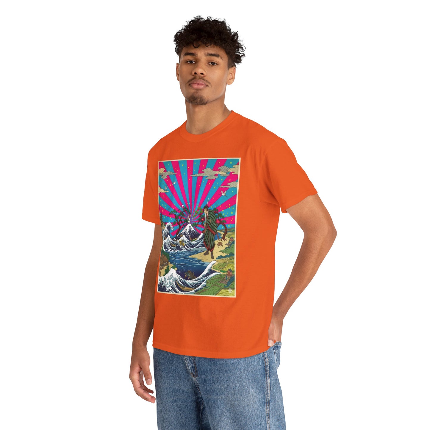 NekoPunch Original | Retro Japanese Wave & Beach T-Shirt - Samurai | Unisex Heavy Cotton Tee