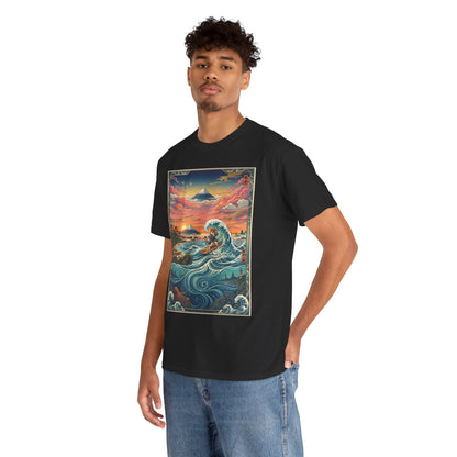 NekoPunch Original | Sunset & wave Mt. Fuji Surf T-Shirt - Girl | Unisex Heavy Cotton Tee