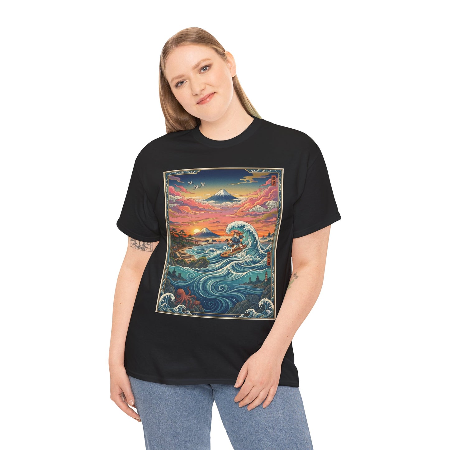 NekoPunch Original | Sunset & wave Mt. Fuji Surf T-Shirt - Girl | Unisex Heavy Cotton Tee