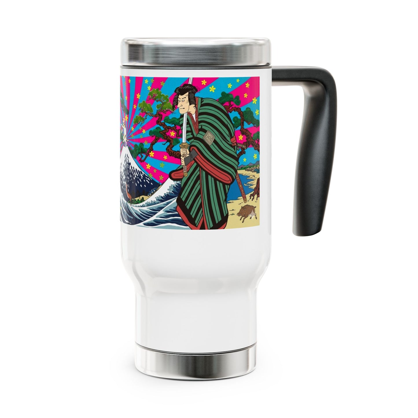 NekoPunch Original | 14oz Retro Japanese Wave & Beach Stainless Steel Travel Mug - Samurai