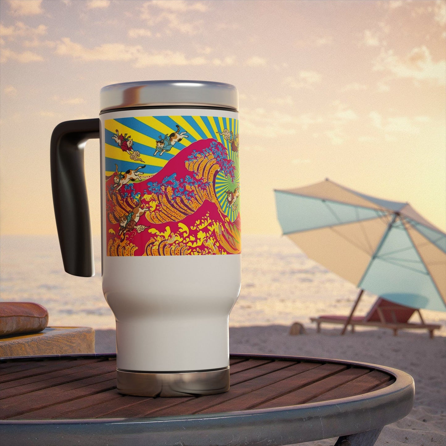 NekoPunch Original | 14oz Psychedelic Ocean Wave Stainless Steel Handle Travel Mug