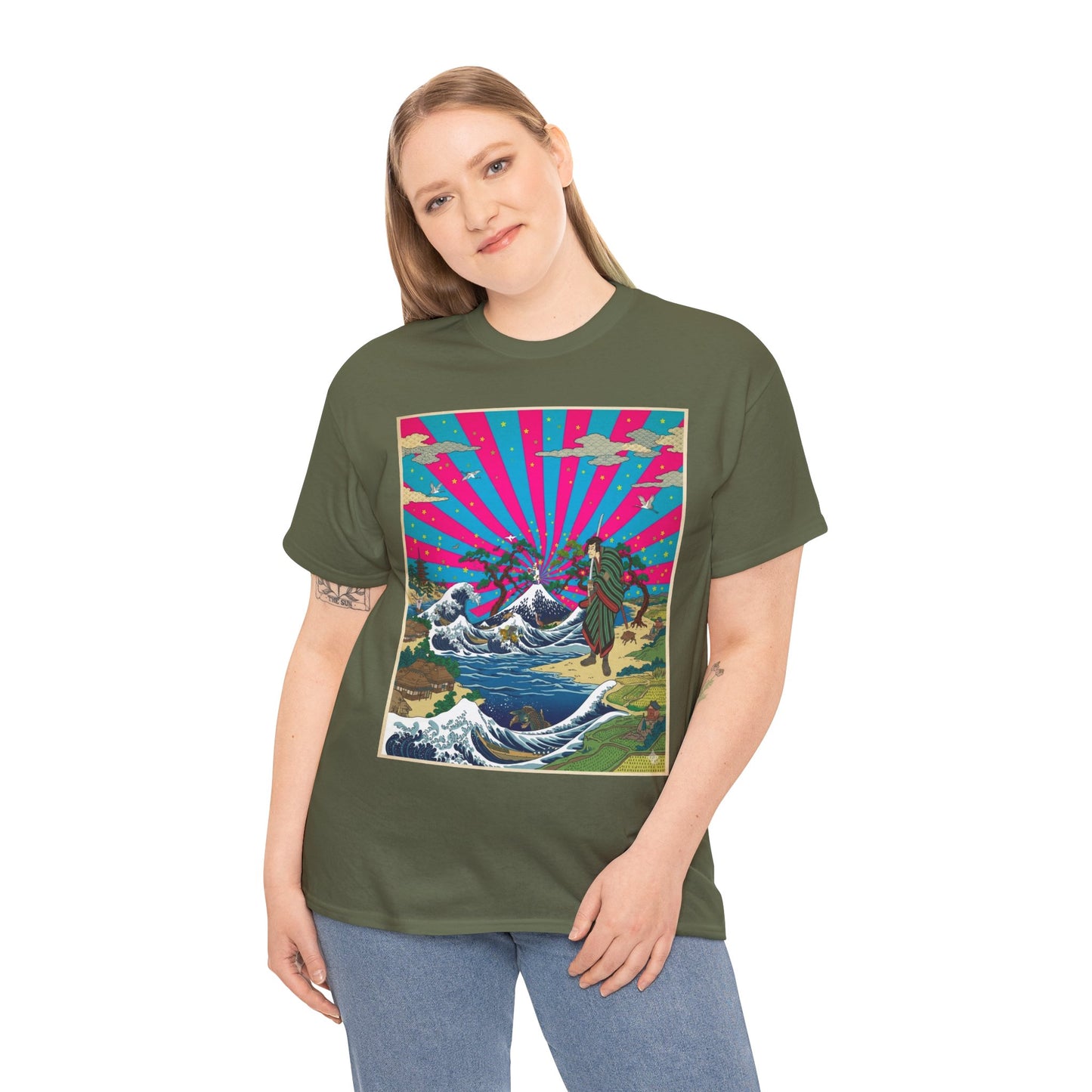 NekoPunch Original | Retro Japanese Wave & Beach T-Shirt - Samurai | Unisex Heavy Cotton Tee