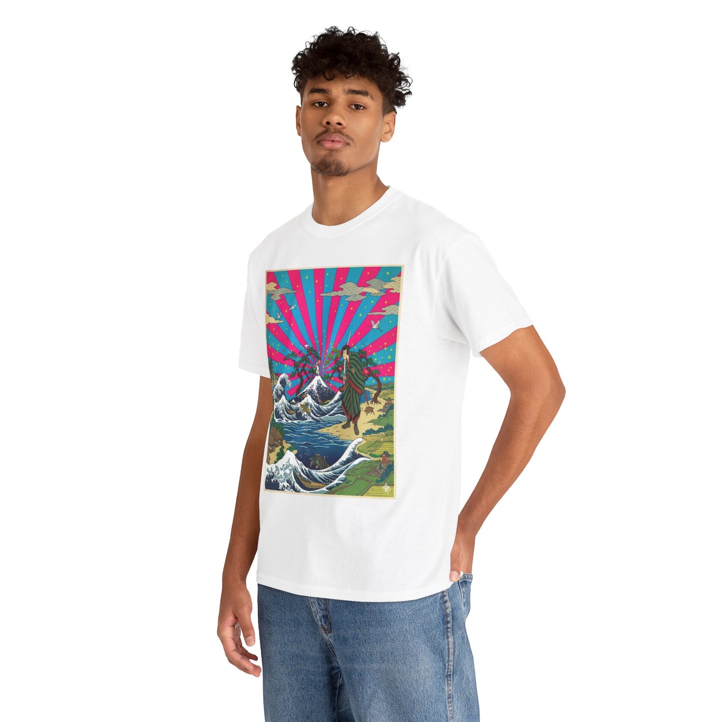 NekoPunch Original | Retro Japanese Wave & Beach T-Shirt - Samurai | Unisex Heavy Cotton Tee