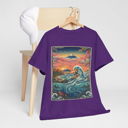 NekoPunch Original | Sunset & wave Mt. Fuji Surf T-Shirt - Girl | Unisex Heavy Cotton Tee
