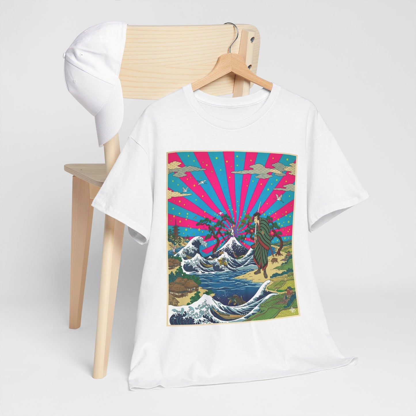 NekoPunch Original | Retro Japanese Wave & Beach T-Shirt - Samurai | Unisex Heavy Cotton Tee