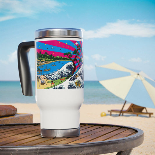 NekoPunch Original | 14oz Retro Japanese Wave & Beach Stainless Steel Travel Mug - Girl