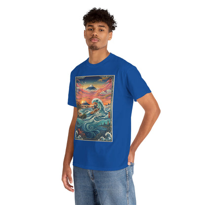NekoPunch Original | Sunset & wave Mt. Fuji Surf T-Shirt - Girl | Unisex Heavy Cotton Tee