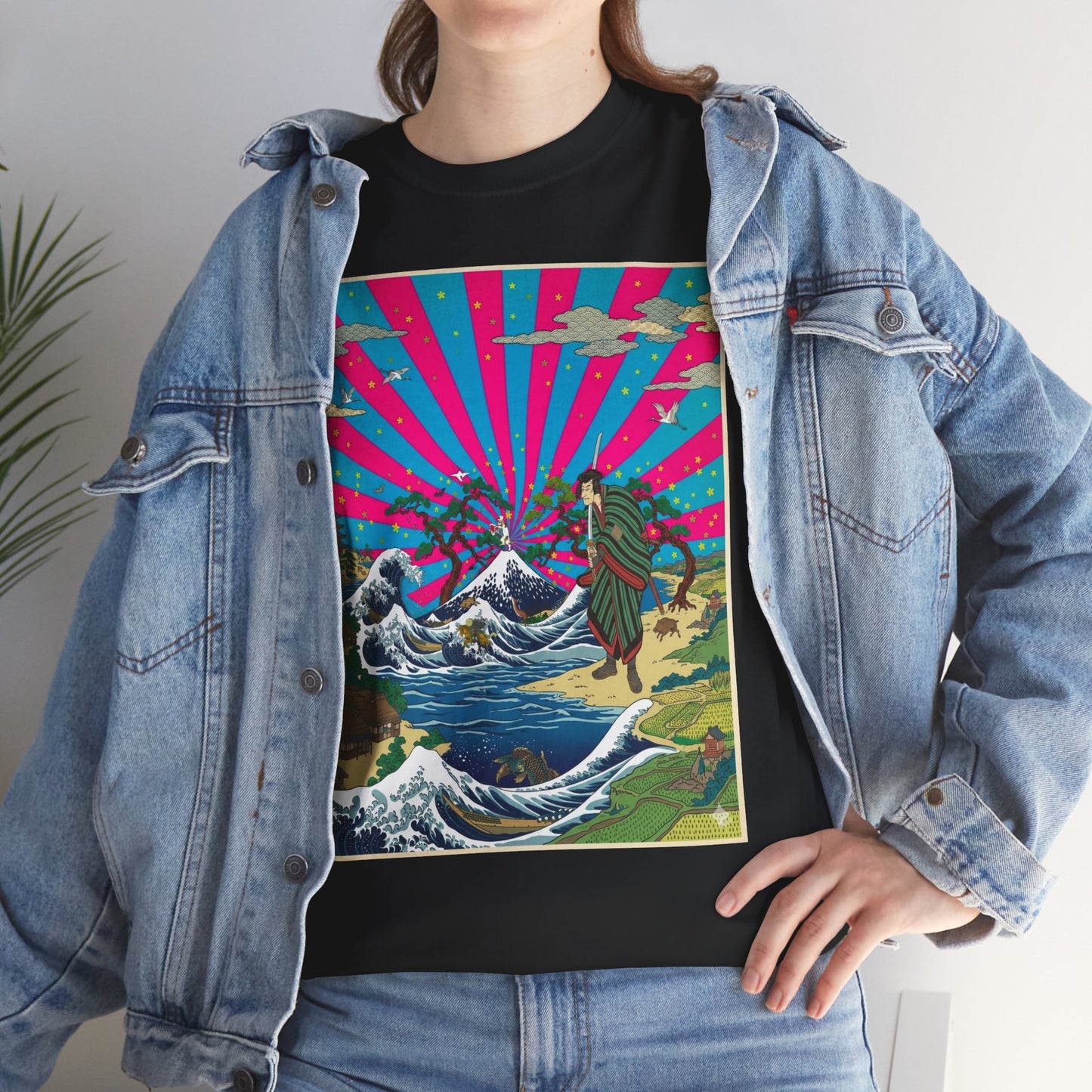 NekoPunch Original | Retro Japanese Wave & Beach T-Shirt - Samurai | Unisex Heavy Cotton Tee