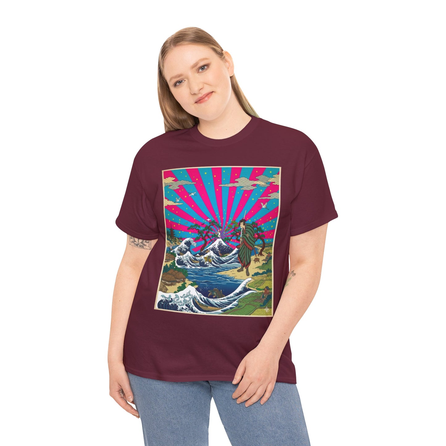 NekoPunch Original | Retro Japanese Wave & Beach T-Shirt - Samurai | Unisex Heavy Cotton Tee
